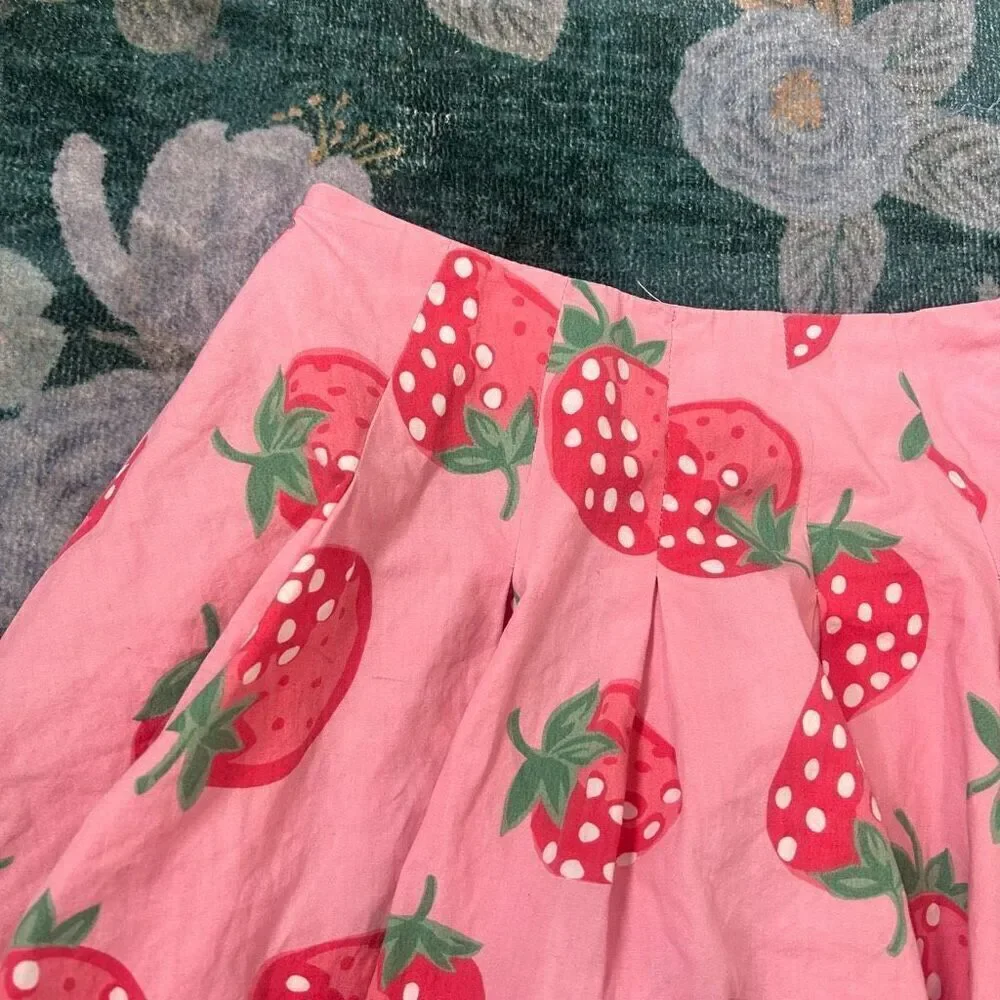 Mini Boden Skirt Girls 5-6Y Pink Red Pleated Elastic Strawberry Fruit Print